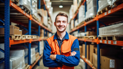Smiling employee at warehouse with arms crossed.