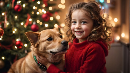 Little girl playing with her cute dog puppy with christmas tree in the background, christmas...
