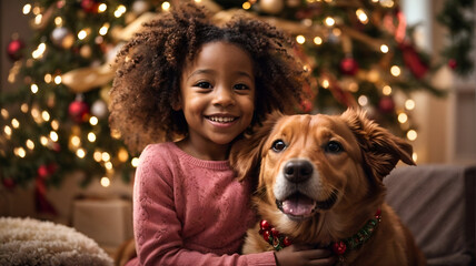 Little african girl playing with her cute dog puppy with christmas tree in the background,...