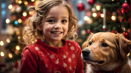 Little girl playing with her cute dog puppy with christmas tree in the background, christmas hapiness concept