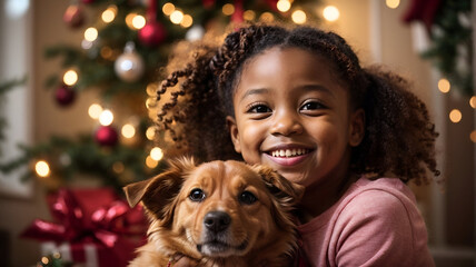 Little african girl playing with her cute dog puppy with christmas tree in the background, christmas hapiness concept