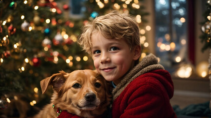 Little boy playing with his cute dog puppy with christmas tree in the background, christmas...