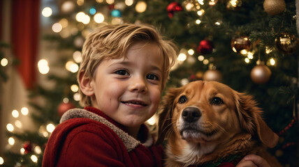 Little boy playing with his cute dog puppy with christmas tree in the background, christmas hapiness concept