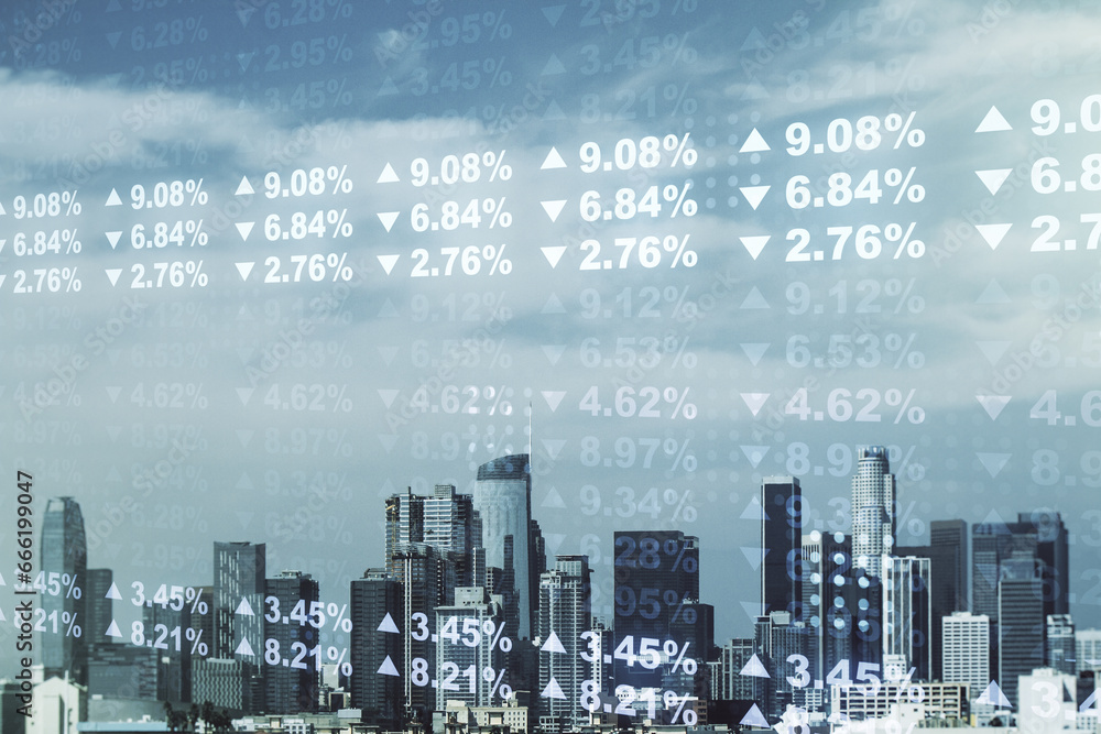Poster multi exposure of stats data illustration on los angeles city skyline background, computing and anal