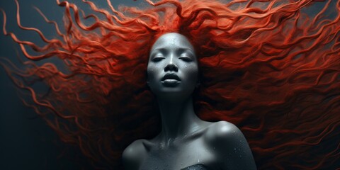 surreal woman with red hair under the storm