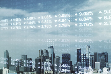 Multi exposure of stats data illustration on Los Angeles city skyline background, computing and analytics concept