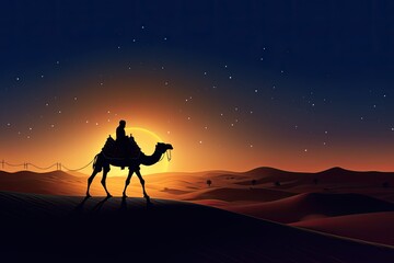 a silhouette of an arab man riding a camel in desert with sun in background