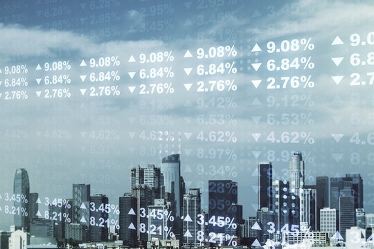 Multi exposure of stats data illustration on Los Angeles city skyline background, computing and analytics concept