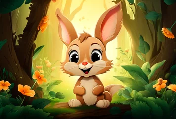 Foto op Canvas Cute little bunny in the spring forest © Anastasiya