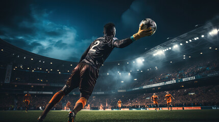 Young soccer goalkeeper in motion, defending the ball.