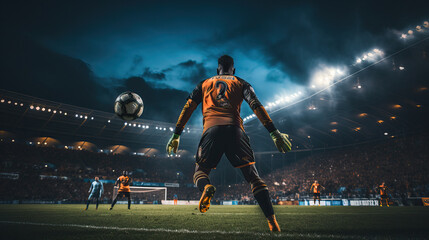 Young soccer goalkeeper in motion, defending the ball. - obrazy, fototapety, plakaty