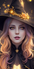a portrait of a beautiful woman with gold-brown eyes who looks like a witch or a sorceress or a fairy.