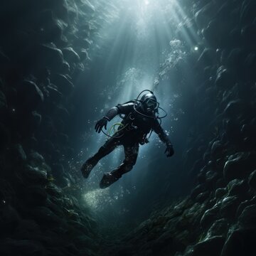 Divers are on cliffs and sea troughs adventuring on the seabed in the morning and evening with the beauty of natural rocks and coral moss, good for business, marine, blogs, websites etc. Generative Ai