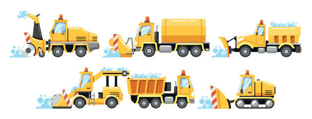Heavy Snowplow Transport Set. Truck-mounted Plows, Snowcat Vehicles, And Snow Blowers Specialized Machines, Vector © Pavlo Syvak