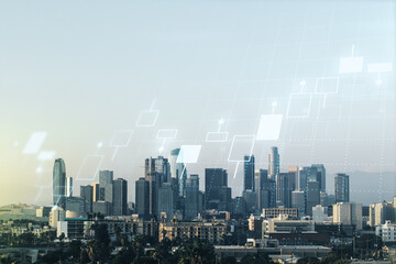 Abstract virtual financial graph hologram on Los Angeles skyline background, forex and investment concept. Multiexposure