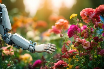 a sci-fi humanoid robot hand in a beautiful nature garden reaching out and touching beautiful flowers. - obrazy, fototapety, plakaty