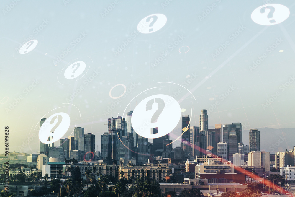 Aufkleber abstract virtual question mark illustration on los angeles skyline background. faq and search concep