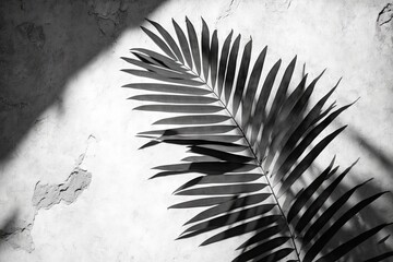 Tropical palm leaf shadow on white cement wall, black and white tone