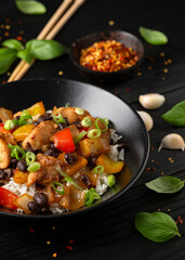 Stir fry Chicken with Black Bean, vegetables and rice
