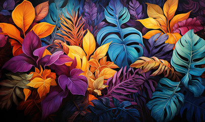 Background of tropical colored leaves and petals.