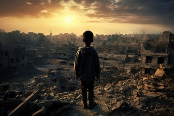 Fototapeta premium Small child stands amidst the ruins of a city destroyed by bombing in the Middle East