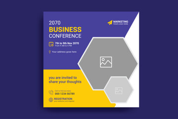 Business webinar invitation design. Webinar and business conference social media post template. Online webinar social media post template. Business conference banner template. Online live webinar.