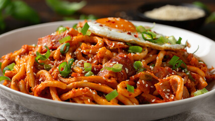 Kimchi Fried Udon Noodle with Fried Egg and bacon. Korean food.