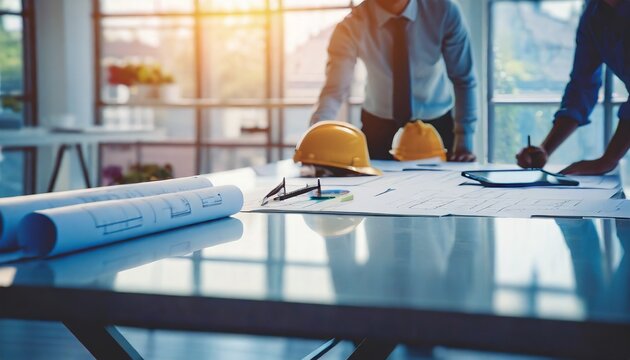 Bei der Baubesprechung liegen die Architektur Pl&auml;ne auf dem Tisch
