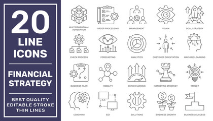Financial strategy vector icons set. Business and finance web icon set - outline icon collection, vector Editable Stroke. EPS 10