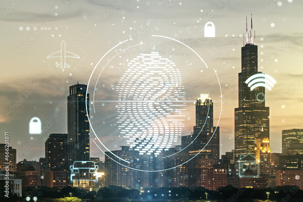 Poster Multi exposure of virtual fingerprint scan interface on Chicago office buildings background, digital access concept