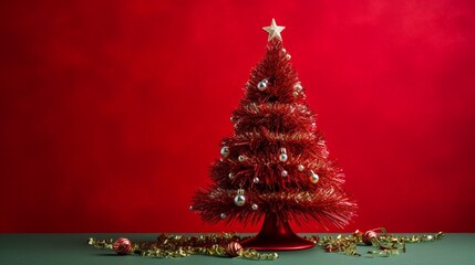Naklejka na ściany i meble Tabletop Christmas tree with tinsel on red background.