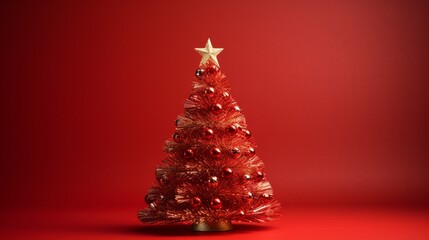 Tabletop Christmas tree with tinsel on red background.