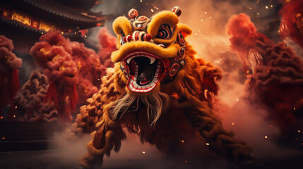 Dragon or lion dance show barongsai in celebration chinese lunar new year festival. Generative AI - obrazy, fototapety, plakaty