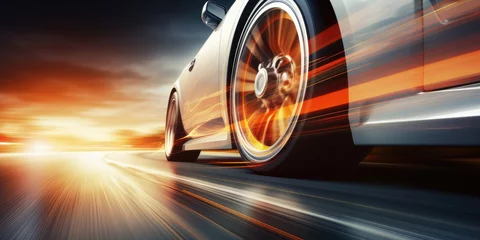 Foto auf Acrylglas Car wheels close up, Sports car racing on the race track. ai generative © Natee Meepian