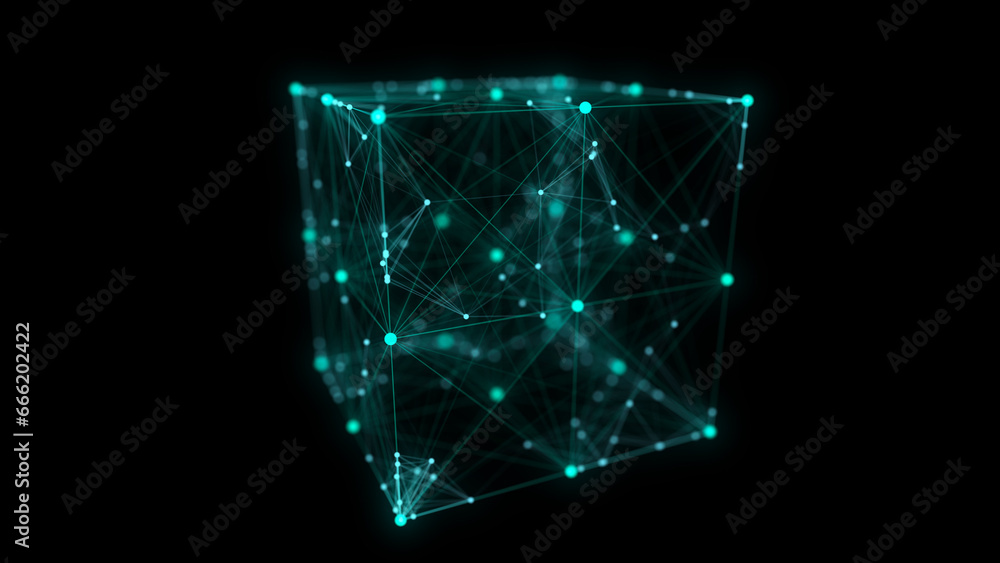 Poster Abstract blue cube with connecting dots and lines. Big data visualization. Blockchain technology concept. Wireframe network connection structure. 3d rendering.