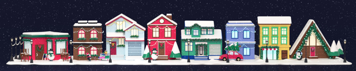 Cute winter night area with residential Christmas houses. The concept of a street decorated for the new year. resident snowmen are getting ready for the new year. 3d render illustration design concept