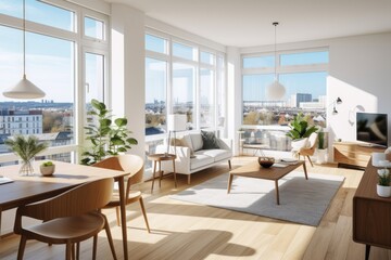 Bright and modern living room of an apartment decorated with Nordic style furniture. With large windows overlooking the city.
