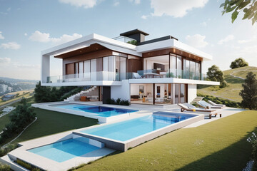Fototapeta premium modern luxury duplex house with a flower garden and pool on the hill evening view 