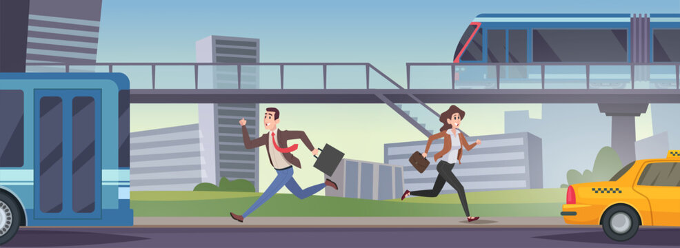 Active businessman. Running boss or managers with suitcases exact vector cartoon background