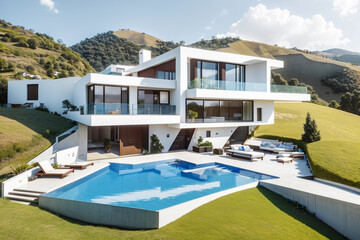 Fototapeta premium modern luxury duplex house with a flower garden and pool on the hill evening view 