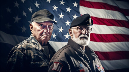 Elderly veterans of the US Armed Forces in front of the US flag. Banner.