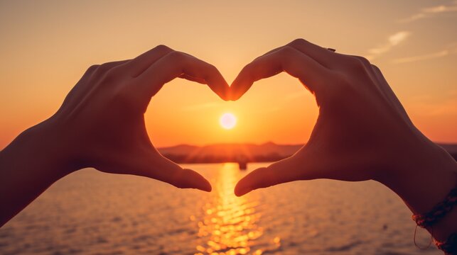 A picture of two hands creating a heart against a sunset sky reflects tender emotions of adoration and sympathy.