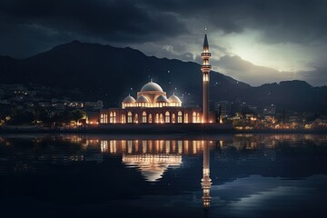 Fototapeta na wymiar architectural beautiful Religious Islamic Grand Mosque masjid at night with the reflection in lake