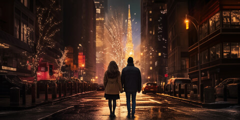 Rear view of young couple walking the streets of city on New Years, new year fireworks holiday, copy space, generative ai