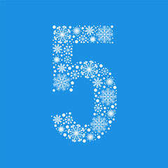 Number 5 made from white snowflakes. Christmas snow design element.