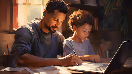 father painting with his son, digital painting - obrazy, fototapety, plakaty