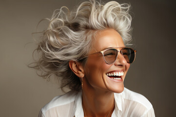 Portrait of happy glamorous senior woman in glasses on a grey background.Energetic Grandma with hairstyle in stylish outfit.