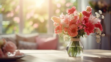 tabletop with flowers on the background of a blurred image of a cozy bright room.