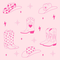 Collection of western outline elements. Cowboy boots and hats. Wild west set. Cowgirl design. Hand drawn isolated vector design