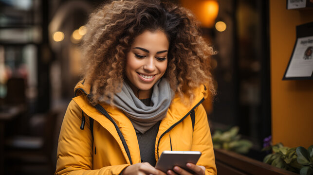 She was beaming with mirth while perusing a humorous text on her cellular device, her serenity clearly evident.